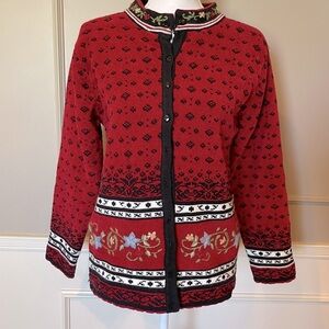 Vintage 90s cardigan sweater button down Medium red black floral needlepoint